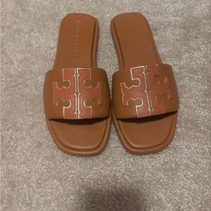 Tory Burch Tan Logo Slide Sandals